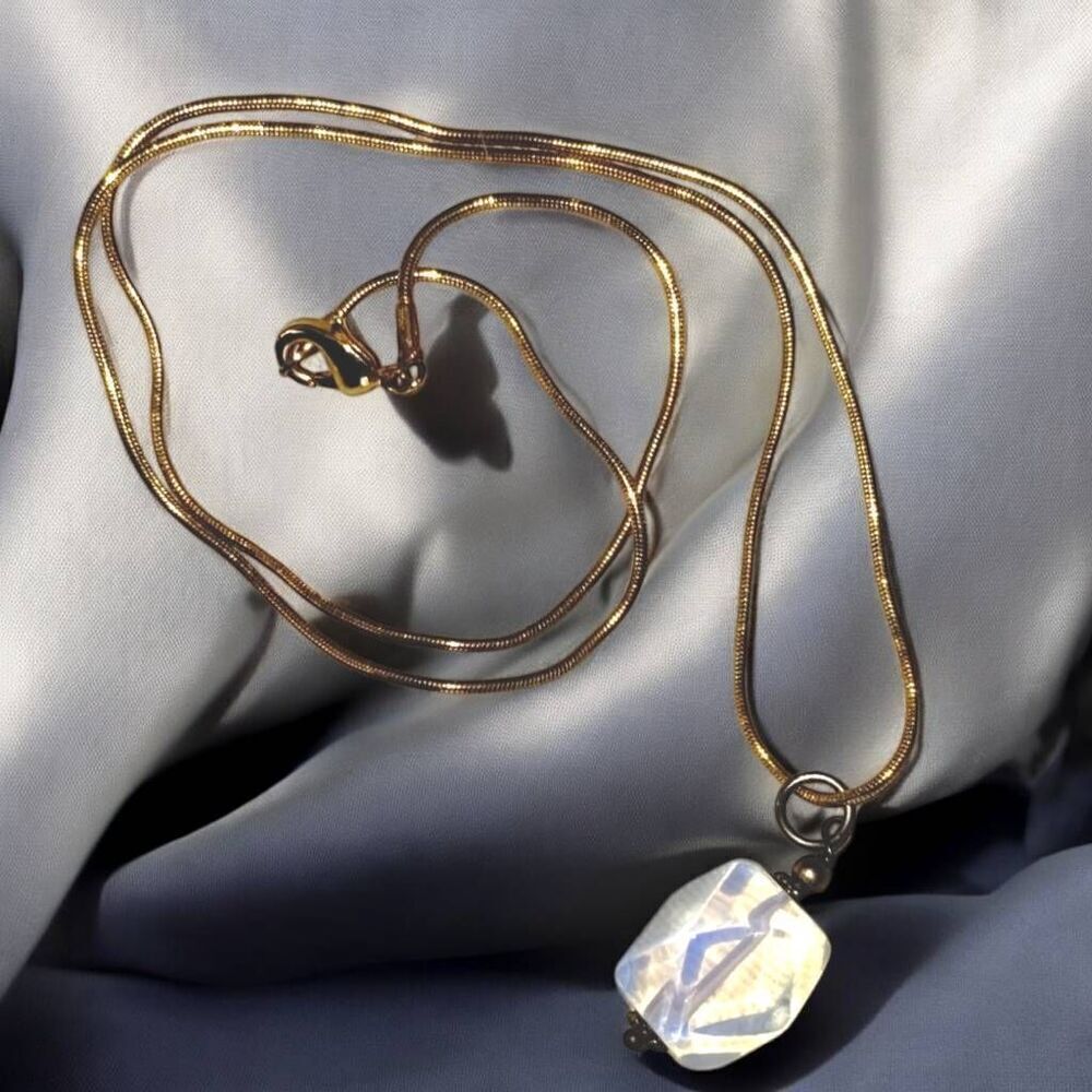Necklace‎ Milky Quartz Faceted Pendant Gold-Filled Brass Chain Long 19" Classic
